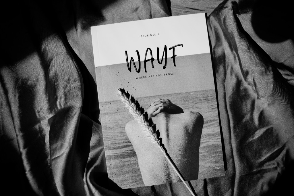 Issue 1: Be/Longing cover art on patterned fabric